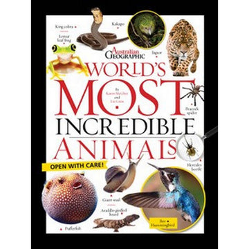 'World's Most Incredible Animals' book cover featuring photos of different animals including a leopard, frog, snake and pufferfish.