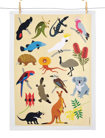 A tea towel printed with illustrations of different Australian animals and plants is hanging off a wire.