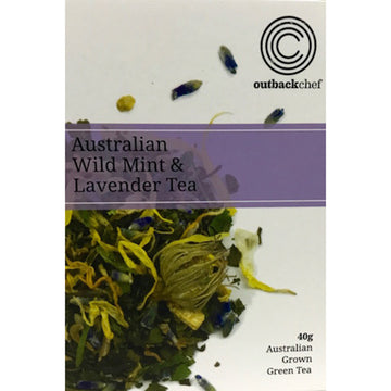 Packaging of wild mint and lavender tea showing a close up of the ingredients used.
