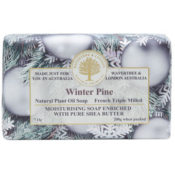 Winter Pine soap packaging featuring baubles and snowflakes on a Christmas tree.