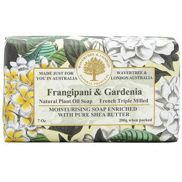 Packaged soap with florals of Gardenia and Frangipani as an image, Text is bold "Frangipani & Gardenia".