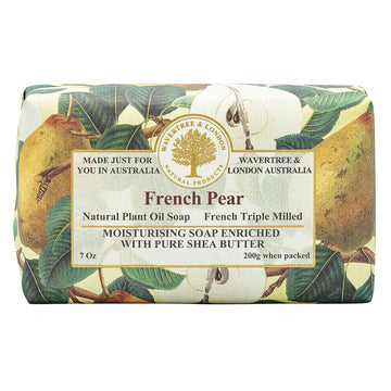 Soap French Pear. Image shows a packaged soap with green leaves and pears. And a dark yellow text of "French Pear".