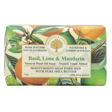 Soap Basil/Lime/Mandarin. Packaging consists of green leaves and limes and orange mandarins.
