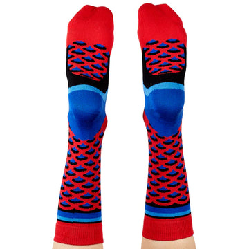 A pair of knee high socks being worn and printed with a rosella face and features.