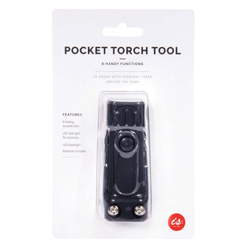 A pocket tool is inside it's packaging featuring a white cardboard backing with product information written on it.
