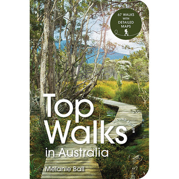 'Top Walks in Australia' book cover featuring a photo of a wooden track through a bush with trees and grass surrounding.