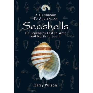 'A Handbook to Australian Seashells' book cover featuring a photo of a shell against a dark blue background. In the background are line drawings of different shells.
